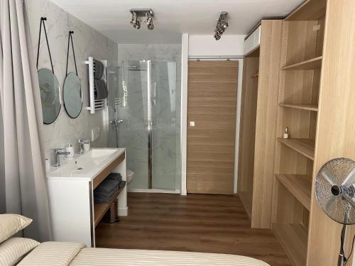 格里莫Domaine des Restanques, suite parentale ,vue mer.的带淋浴、盥洗盆和镜子的浴室