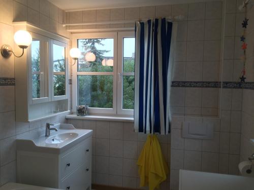 希登塞Haus Zeesenboot Luv的一间带水槽和窗户的浴室
