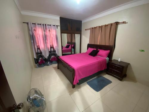 哈拉瓦科阿Oasis de paz的一间卧室配有粉红色的床和两张粉红色的椅子