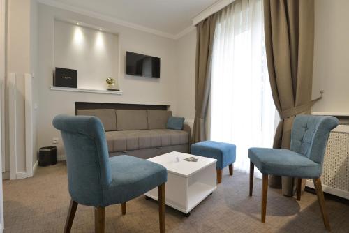 弗尔尼亚奇卡矿泉镇Vila Savka的客厅配有蓝色椅子和沙发