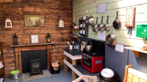 邓韦根Skye Eco Bells的厨房设有壁炉和墙上的牛头