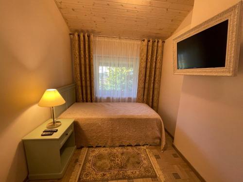 帕兰加Namukas Kunigiškėse的一间小卧室,配有一张床和电视