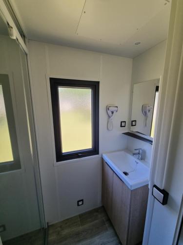 BrugesMobil Home XXL2 4 chambres - Camping Bordeaux Lac的一间带水槽和窗户的浴室