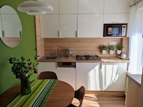 比克利比思公寓的厨房配有桌子和绿色的墙壁