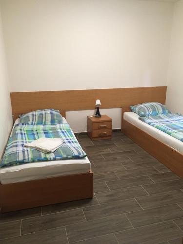 科马罗姆Vasmacska Panzió的一间卧室设有两张床和床头柜