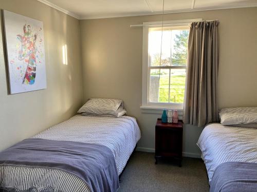 WairoaThe Cottage @ Aranui的带窗户的客房内设有两张单人床。