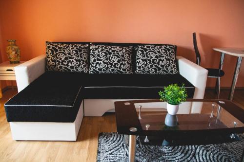 锡比乌Relaxing residence的客厅配有一张黑白沙发,配有一张桌子