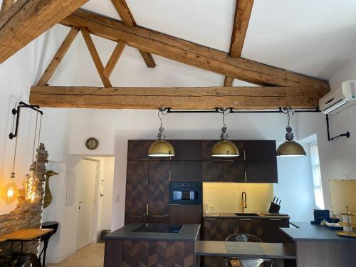 阿维尼翁My Pad Provence 7的厨房设有木制天花板和木梁。