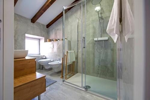 罗维尼The Attic Rovinj的一间带玻璃淋浴和卫生间的浴室