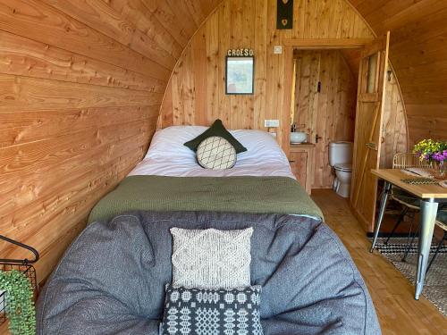 马汉莱斯Hendre-Aur Glamping Pod的小木屋内的一张床位,配有桌子