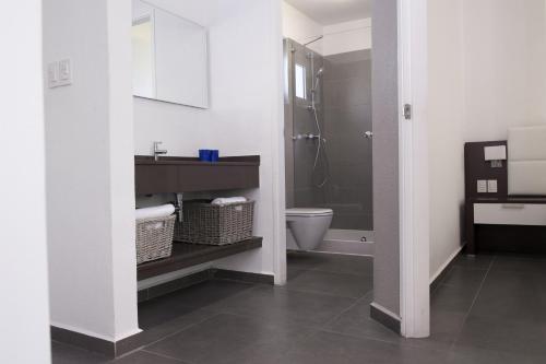 威廉斯塔德特鲁皮奥尔酒店及赌场的浴室配有卫生间、盥洗盆和淋浴。