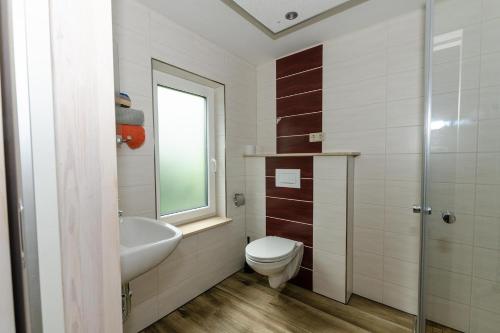 沙普罗德Appartement-in-Schaprode-fuer-2-Personen的一间带卫生间和水槽的浴室