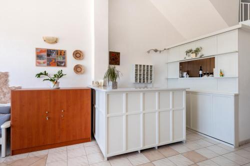 帕罗奇亚斯特拉酒店的厨房配有白色橱柜和柜台。