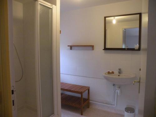 La VallaL'auberge De La Source的浴室配有盥洗盆和带镜子的淋浴