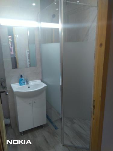 德瓦Cazare的带淋浴和盥洗盆的浴室