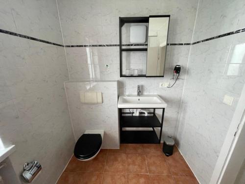 达豪Olympia Pension的一间带水槽和镜子的小浴室