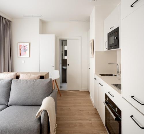 毕尔巴鄂Apartamentos Líbere Bilbao La Vieja的带沙发的客厅和厨房