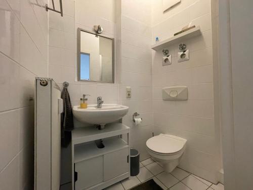 莱比锡LE-Citywohnung-II的白色的浴室设有水槽和卫生间。