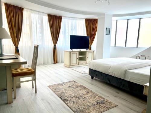 克卢日-纳波卡帕拉迪斯酒店的一间卧室配有一张床、一张书桌和一台电视