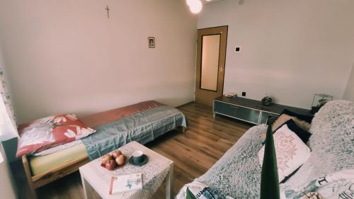 科尔别卢夫Apartament Pilsko 1的客厅配有两张床和一张桌子