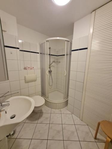 青斯特Zingst Achtern Diek 12d Elly的带淋浴、卫生间和盥洗盆的浴室
