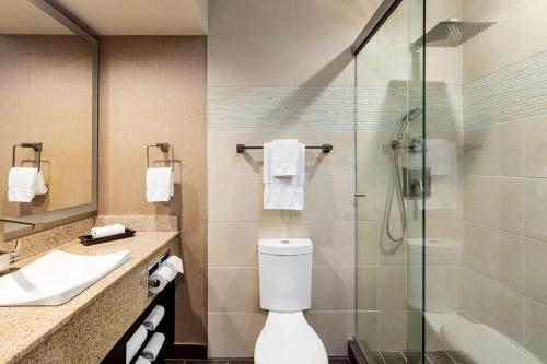 洛杉矶E Central Hotel Downtown Los Angeles的一间带卫生间和玻璃淋浴间的浴室