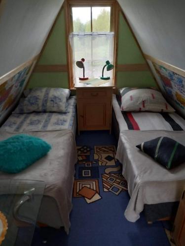 ManiowyDomek pod lasem的带窗户的客房内的两张床
