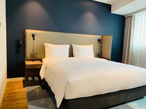 重庆重庆临空智选假日酒店的一间卧室配有一张白色大床和蓝色的墙壁