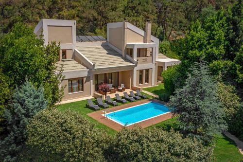 依克希亚Delta Wellness Villa的享有带游泳池的房屋的空中景致