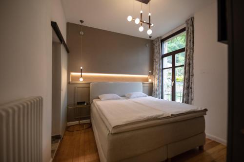 莫尔科泰Arbostora Charme Hotel的一间卧室设有一张大床和一个窗户。