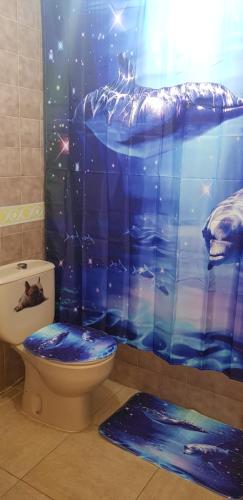 罗萨里奥港Laurainu的浴室设有卫生间和蓝色的浴帘。