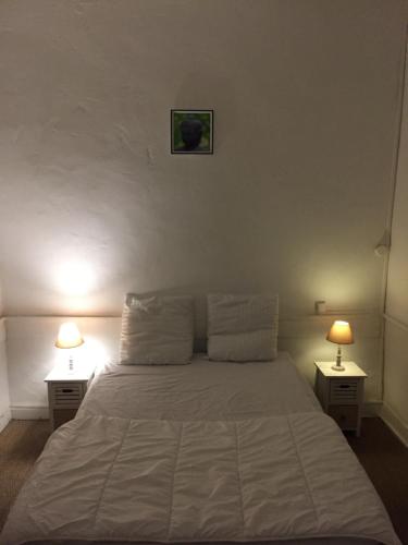 欧里亚克Victor HUGO 1G et sa pizza offerte的卧室配有带两盏灯的白色床