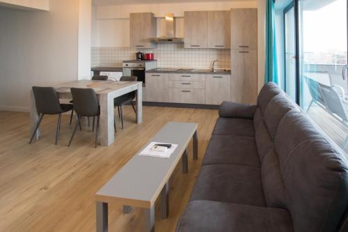 马马亚Lake Boutique Apartments & Rooms的带沙发和桌子的客厅以及厨房。