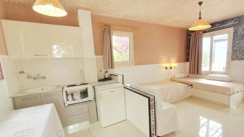 赫索尼索斯Entire Villa two floors Sea View的厨房配有白色橱柜和窗户。