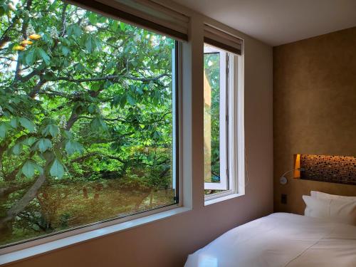 函馆拉卡谢特公寓的卧室设有一扇带树的大窗户