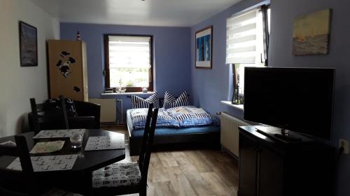 普特布斯Ferienwohnung Putbus的蓝色的客厅配有沙发和电视