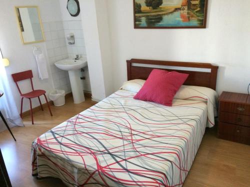卡塞雷斯Pension Carretero的一间卧室配有一张带红色枕头和水槽的床