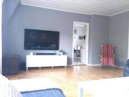 SundsbrukNebulosavägen 20的一间客厅,客厅的蓝色墙壁上配有电视