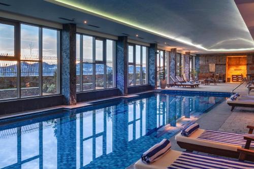 西姆拉Taj Theog Resort & Spa Shimla的大型山景游泳池