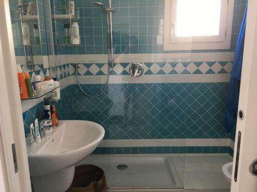 特里尼达古图Casa Moro的蓝色瓷砖浴室设有水槽和淋浴