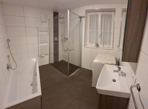 法伊施特瑙Ferienhaus Laimerbauer的带淋浴和盥洗盆的白色浴室