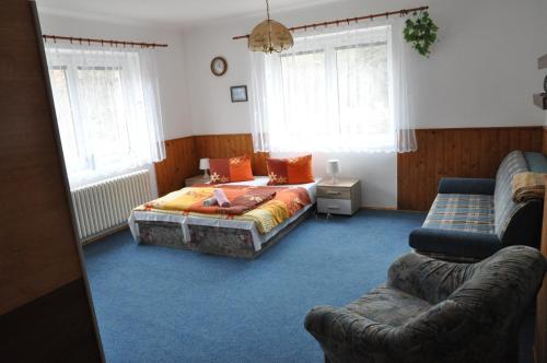 科热诺夫Penzion Zelinka的一间卧室配有一张床、一张沙发和窗户。