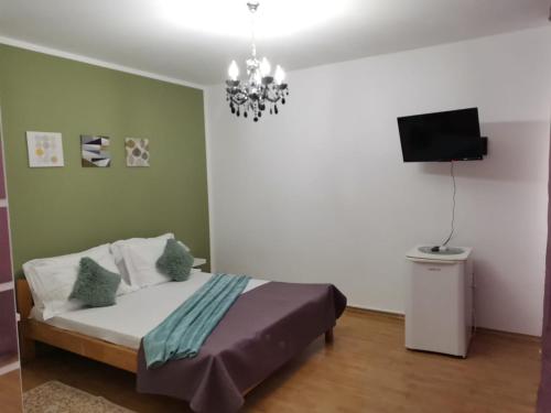 科斯蒂内什蒂维拉快乐之家旅馆的一间卧室配有一张带电视和吊灯的床。