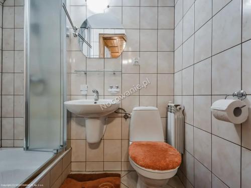 Leśnicau Marii Gał的浴室配有卫生间、盥洗盆和淋浴。