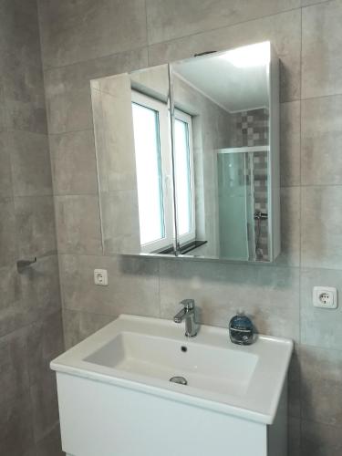 特拉弗明德Gepflegtes und schönes Ferienapartment im Neubau的浴室设有白色水槽和镜子