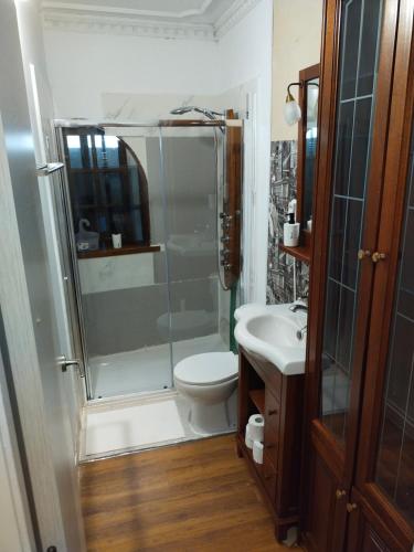 拉拉古纳va de Loft的带淋浴、卫生间和盥洗盆的浴室
