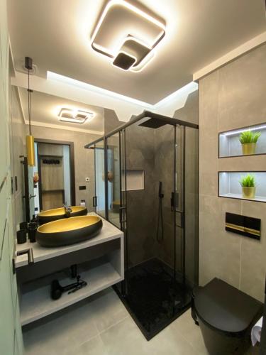 凯斯特海伊Relax Sauna Apartman privát finn szaunával的一间带大浴缸和淋浴的浴室