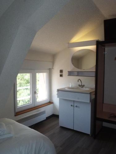 菲雅克HOTEL LE FOIRAIL的一间卧室设有水槽、一张床和一个窗户。