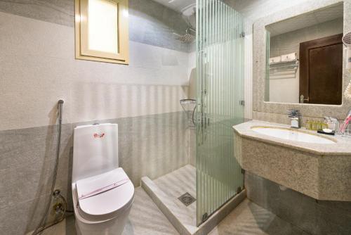 吉达Elite Al Hamra - Al Cornich的浴室配有卫生间、盥洗盆和淋浴。