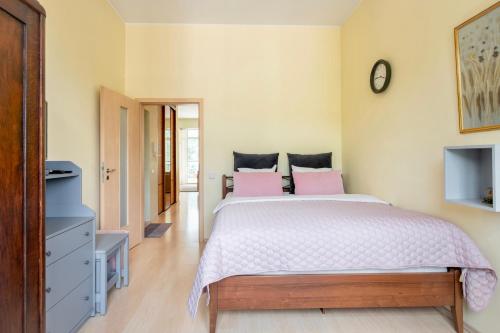 维尔纽斯Spacious apartment with cozy balcony by URBAN RENT的卧室配有一张带粉红色枕头的大床